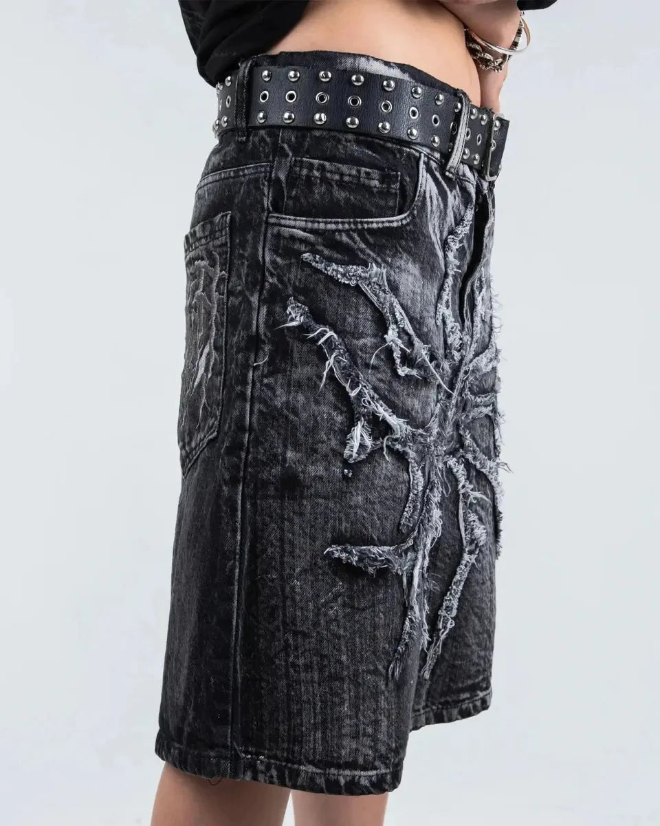 Goth Retro Men Baggy Unisex Short Pants Y2K Phantom Jeans High Street Spider Embroidered Patch Hip Hop Streetwear Straight Jeans