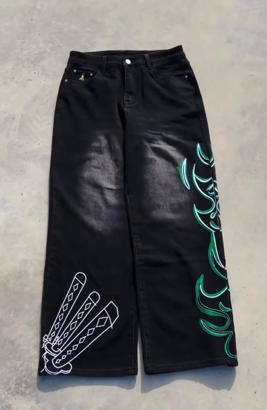 Vintage Japanese Cartoon Embroidery Men Hip Hop Jeans Y2k Retro Baggy Straight Denim Pants Streetwear Gothic Rock Work Jeans