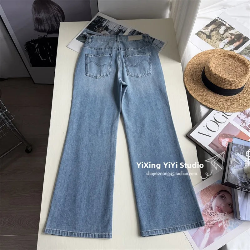 Summer Thin High Waist Slimming Bell Bottom Jeans Women's Fashion Korean Anime Leg Transformation Nine-Piece Micro Flared Denim