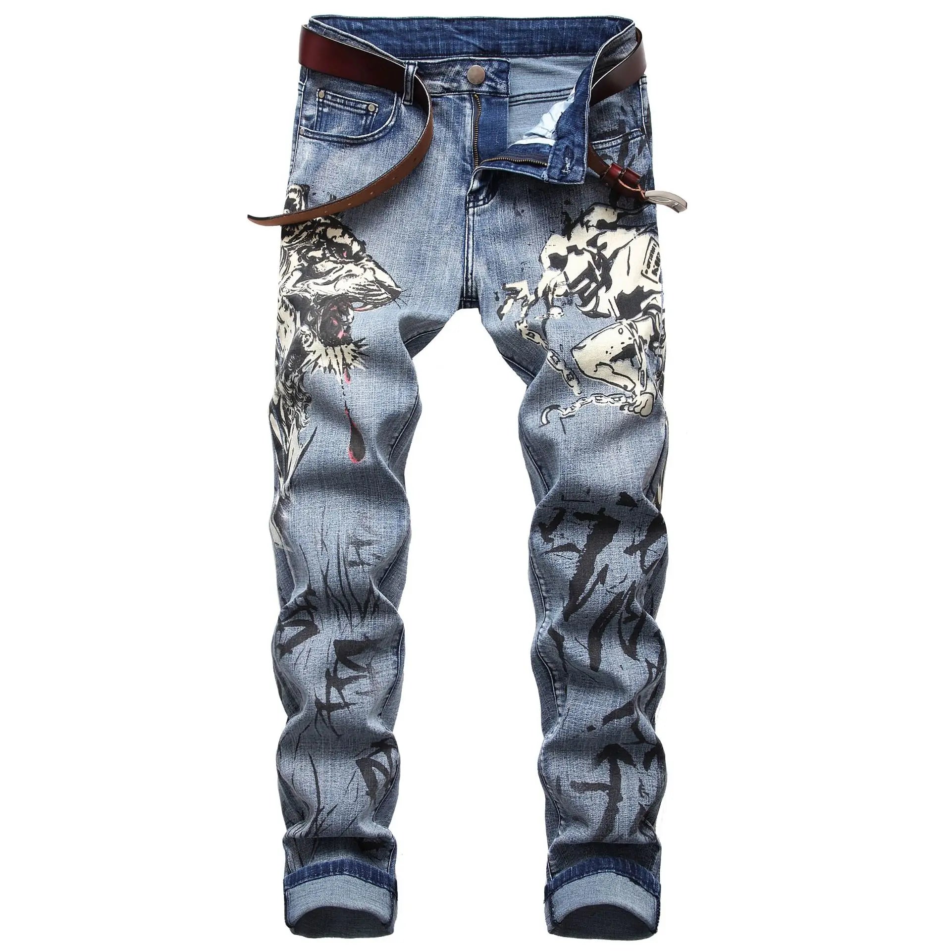 2026 Men's Blue 3D Printing Jeans, Black Wolf Pattern Printed Punk Straight Cotton Casual Print Denim Pants Asian Size 28-42