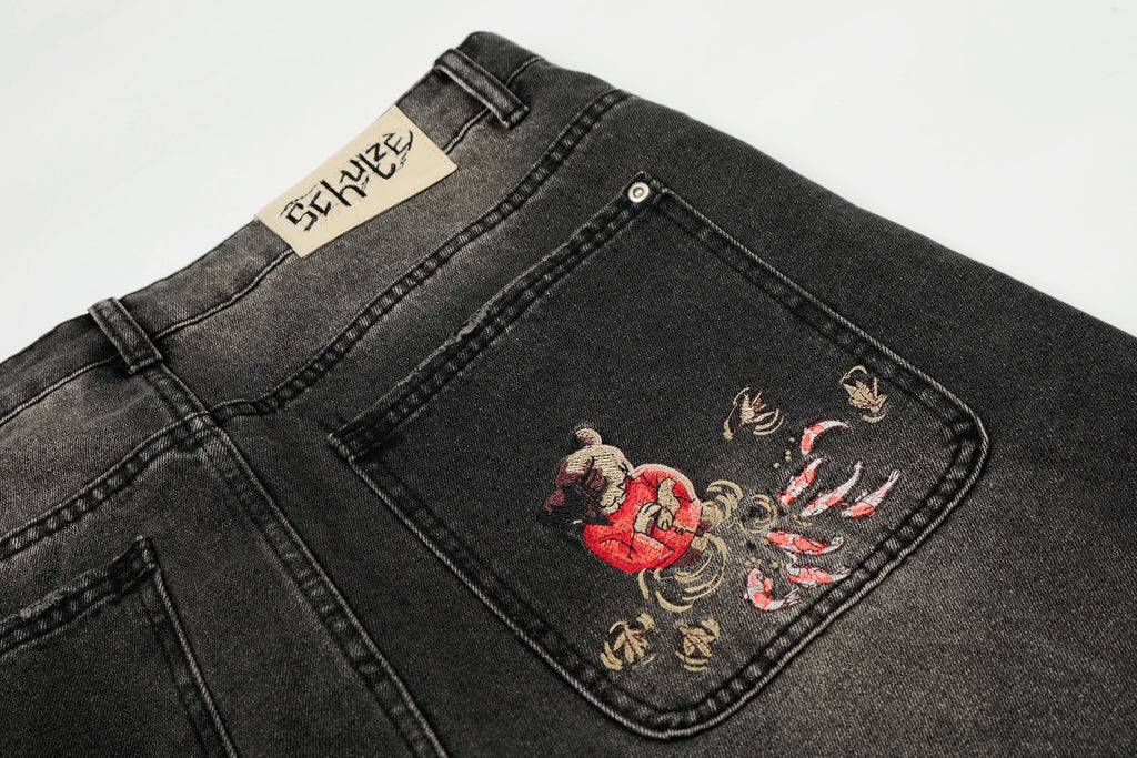 Cartoon Anime Embroidered Wide Leg Straight Leg Jeans American Style Trendy High Street Men's Jeans Casual Comfortable Fit