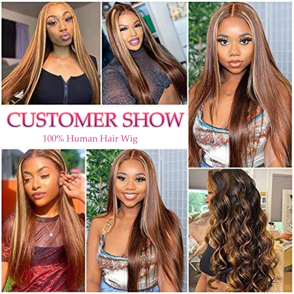 Megeen 13X4 Transparent Lace Frontal Wig Highlight P4/27 Human Hair Honey Blonde Straight Lace Front Wig Colored Ombre Wigs Remy
