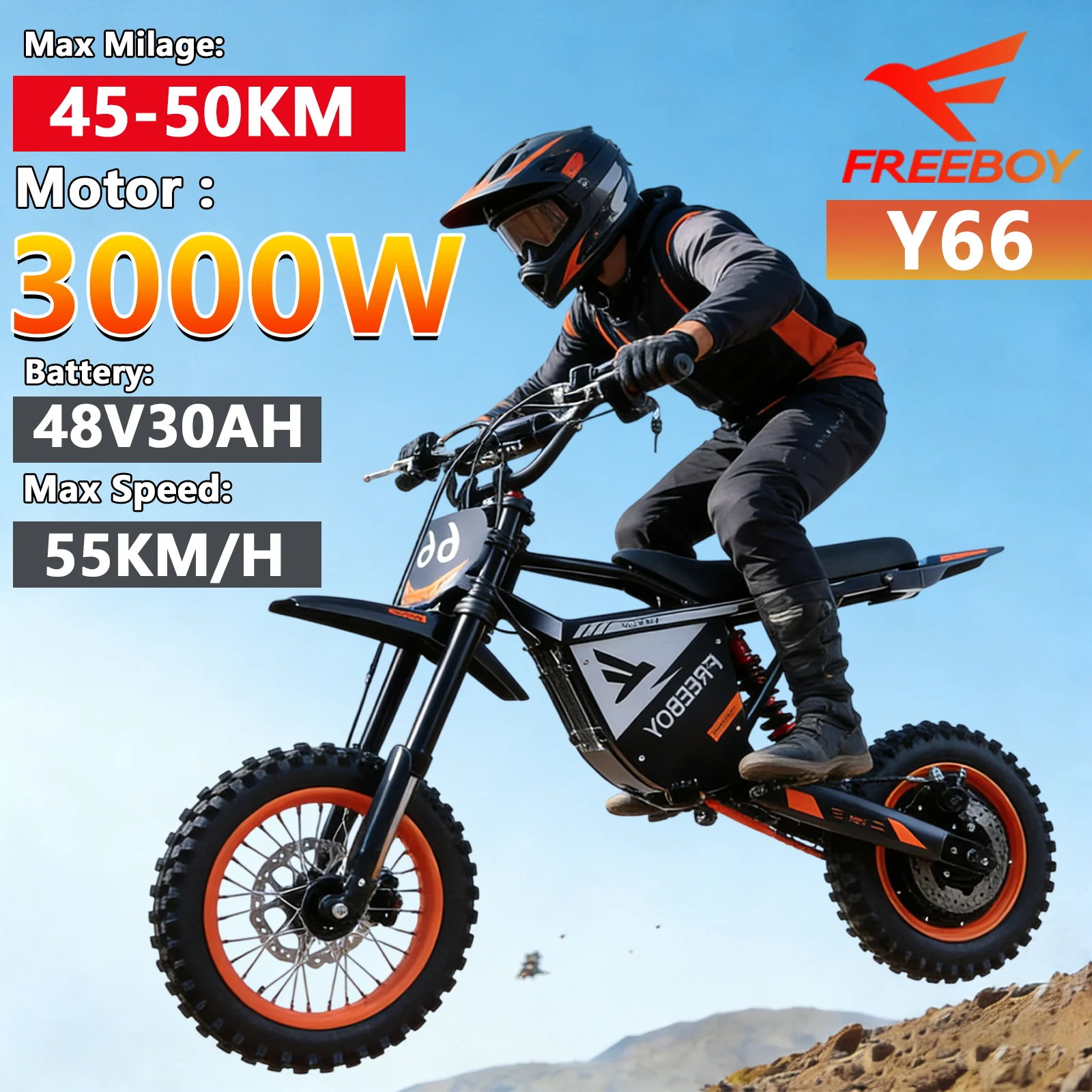 FREEBOY Y66 E-bike 3000W Motor 48V30AH Battery Electric Bike Max Speed: 55KM/H 12/10-In All-terrain Fat Tires Electric Bicycle
