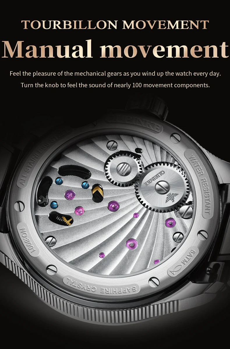 OUPINKE Men's Watch Top Luxury Fashion Original Tourbillon Mechanical Watch for Man Leather Strap Sapphire Mirror Moon Phase