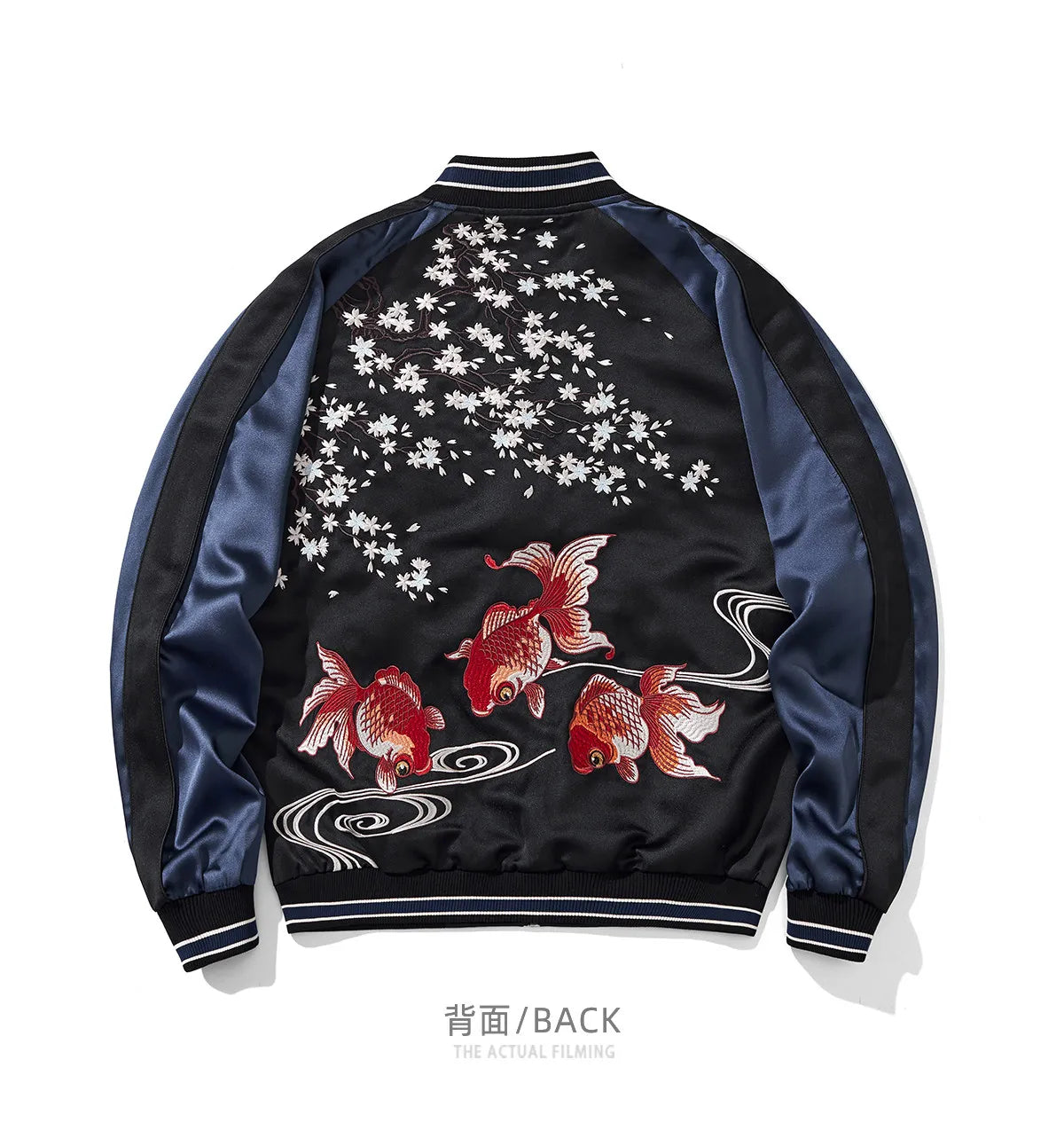 Cherry Blossom Embroidered Jacket Boys Top Spring and Autumn Japanese Sukajan Koi Fish Sakura Embroidered Satin Bomber Jacket