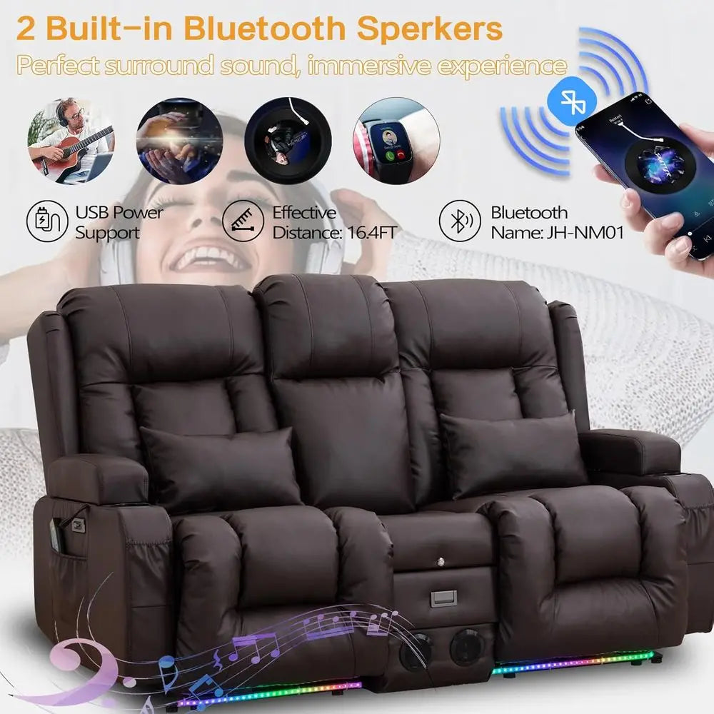 2-Seater Brown Home Theater Recliner Sofa with LED Lights, AC/USB Ports, Cup Holders, Electric Controls, Bluetooth Speaker, Mass