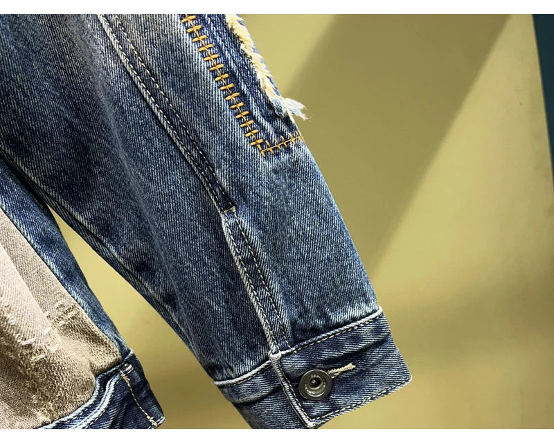 Streetwear Fashion Men Jacket High Quality Retro Blue Patched Designer Ripped Denim Jacket Men Coats Hip Hop Chaquetas Hombre