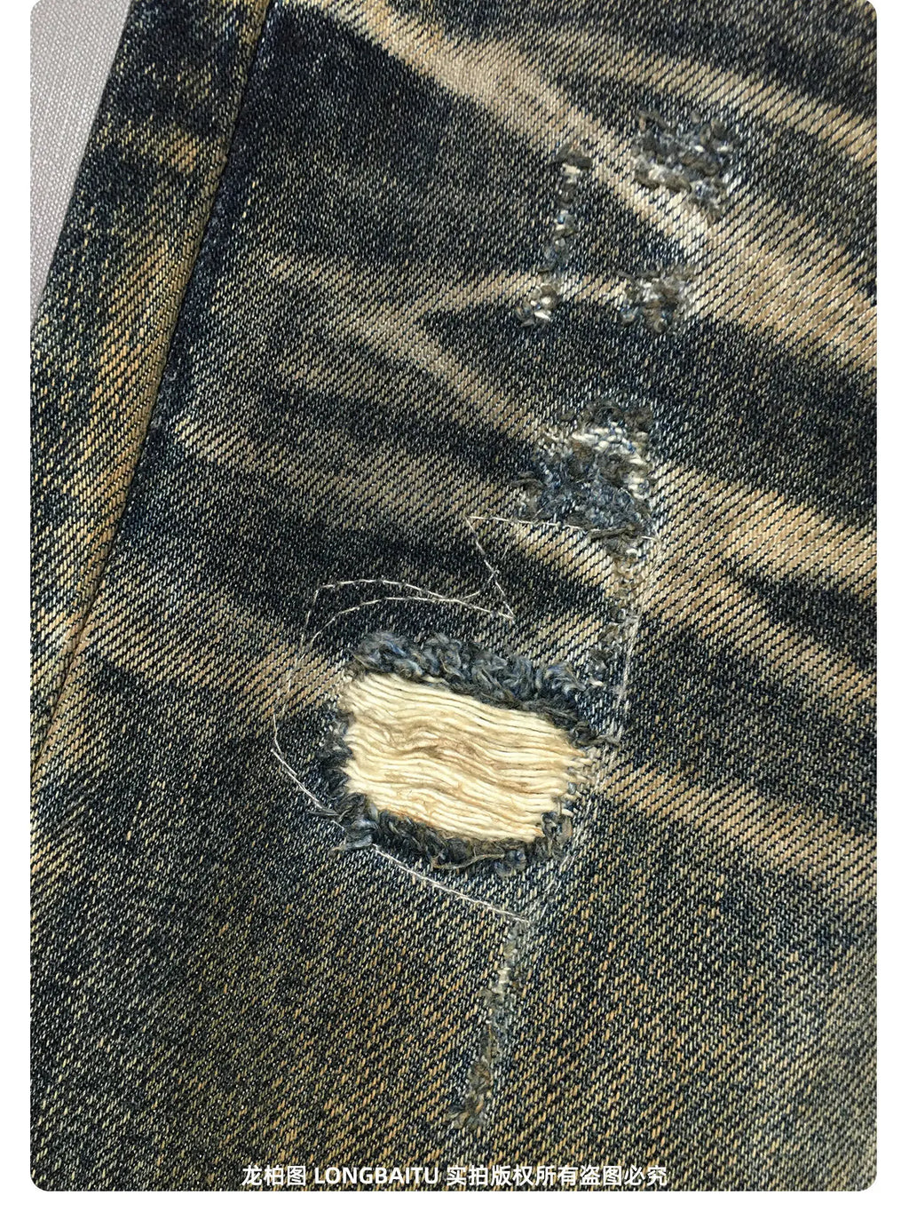 Heavyweight American Retro 100% Cotton Jeans for Men High-Street Ripped and Patched Non-Stretch Premium Loose Straight-Leg Pants