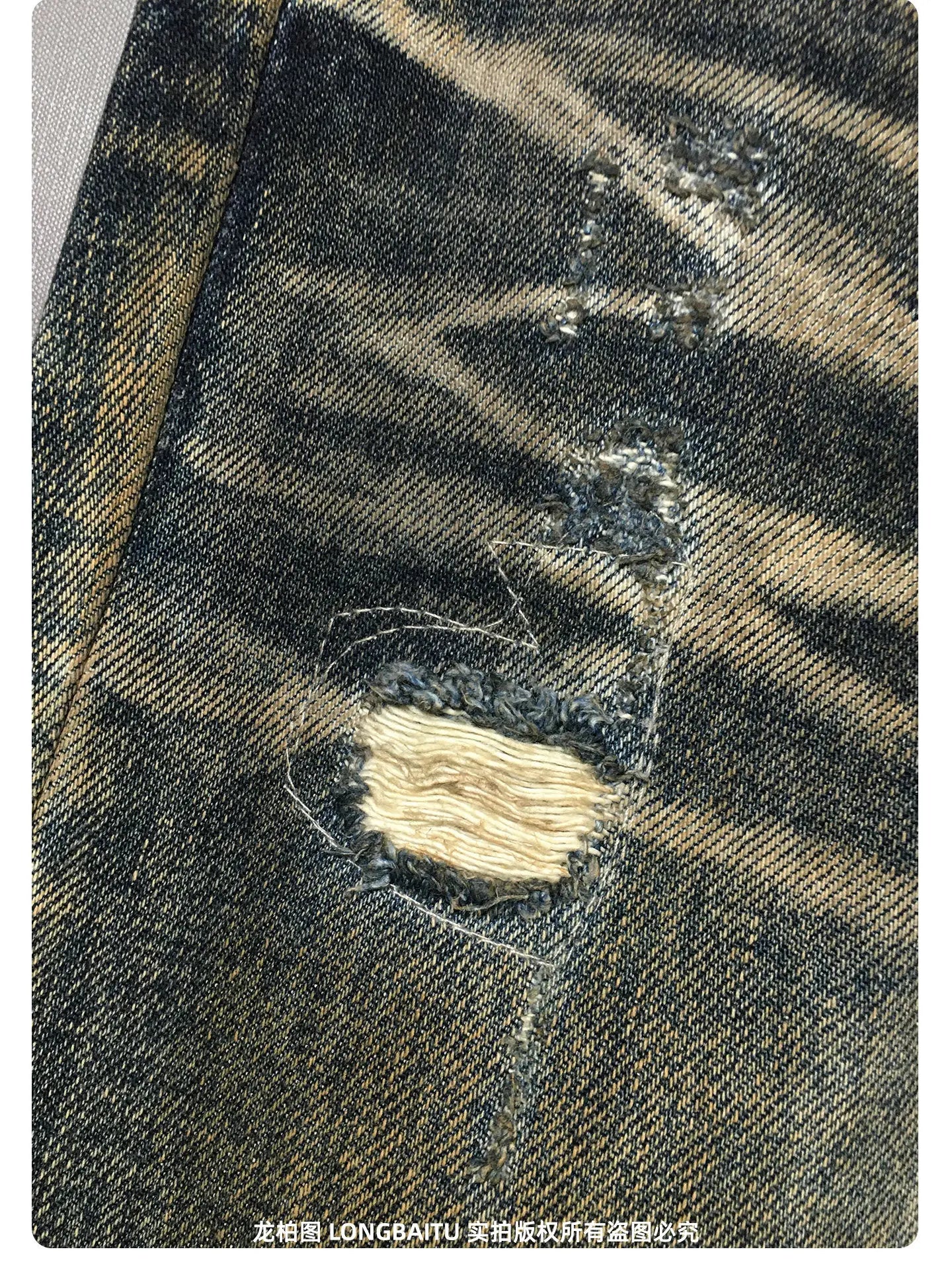 Heavyweight American Retro 100% Cotton Jeans for Men High-Street Ripped and Patched Non-Stretch Premium Loose Straight-Leg Pants