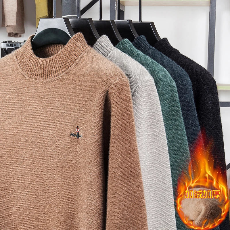 Light luxury brand round neck sweater knitted plush thicken warm pullover cartoon character embroidery fashion golf men's wear