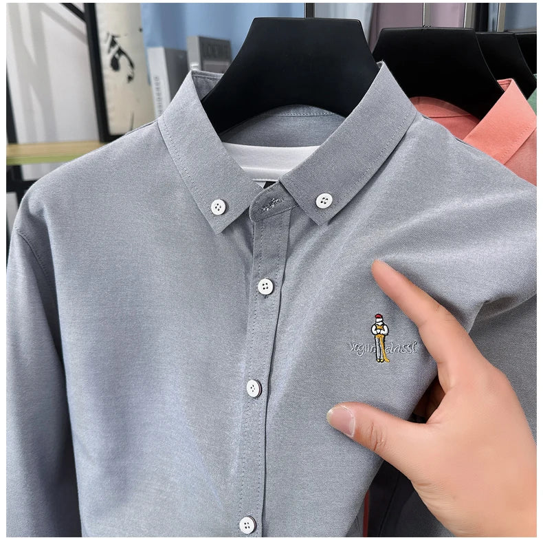 Light luxury fashion men's long sleeve shirt brand cartoon embroidery high-quality business casual solid color golf lapel top