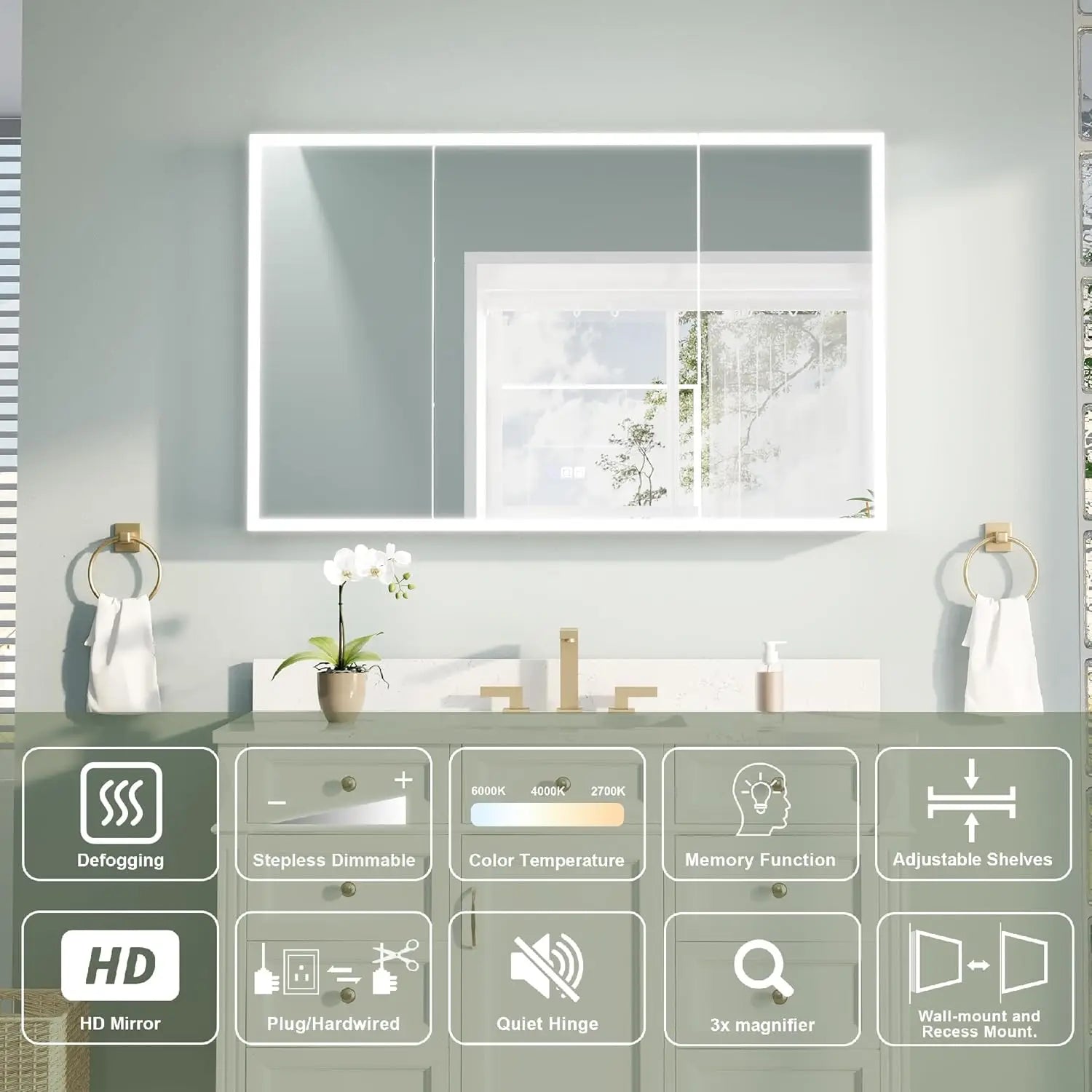 48" X 30" LED Medicine Cabinet with Mirror, 3X Magnifiying Mirror Cabinet, Defogging/Dimmable Bathroom Mirrored, Customized