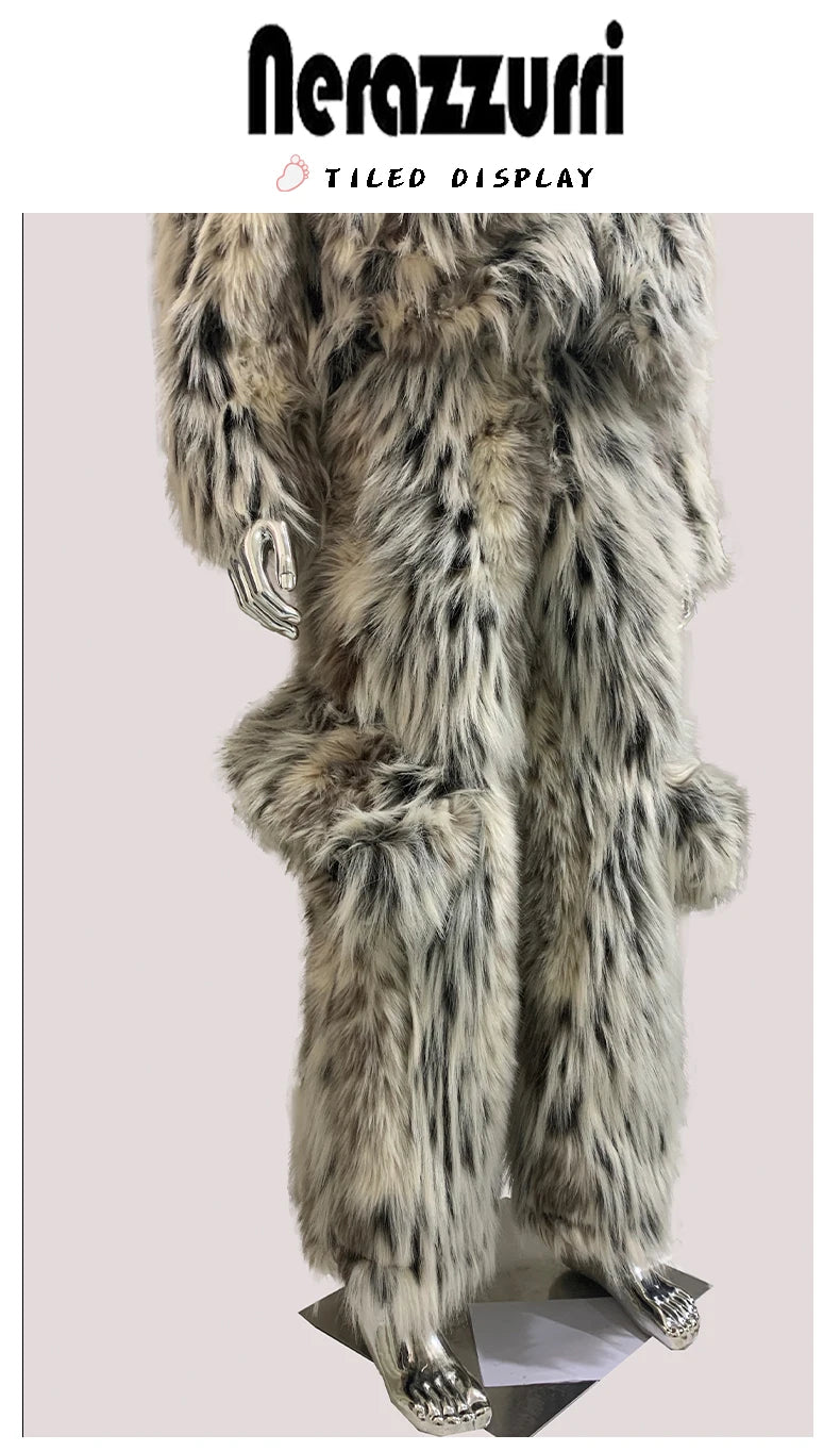 Mauroicardi Winter Long Colorful Multicolored Thick Warm Hairy Fluffy Faux Fur Wide Leg Pants Men Runway Fashion Streetwear 2025