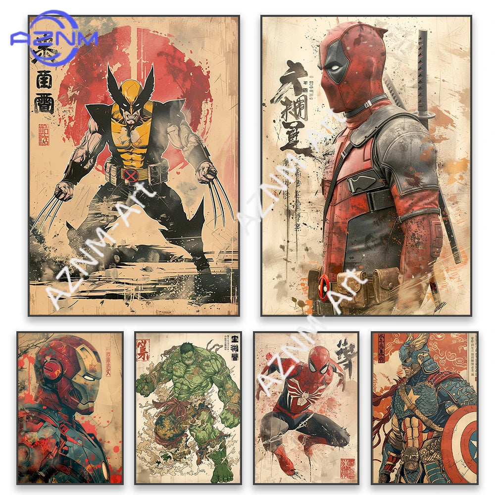 Deadpool Wolverine Art Poster Superhero Hulk Classical Japanese Style Prints Iron Man Spider Man Canvas Painting Decor