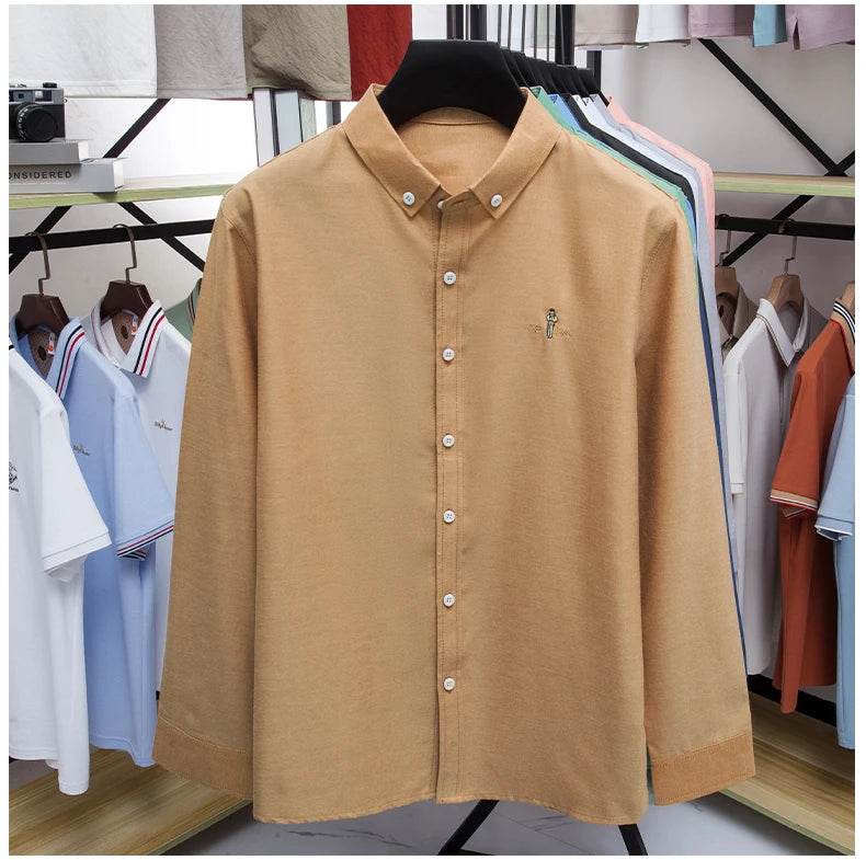 High end brand men's long sleeve shirt fashion cartoon embroidery comfort silk cotton solid color luxury golf casual lapel top