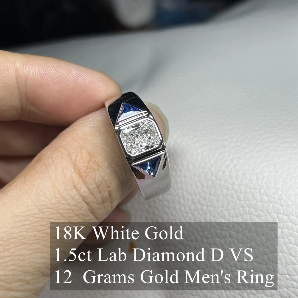 Men Ring 18K White Gold 1.5 Carats Radiant Cut D VS 12 Grams Lab Grown CVD Diamond Rings