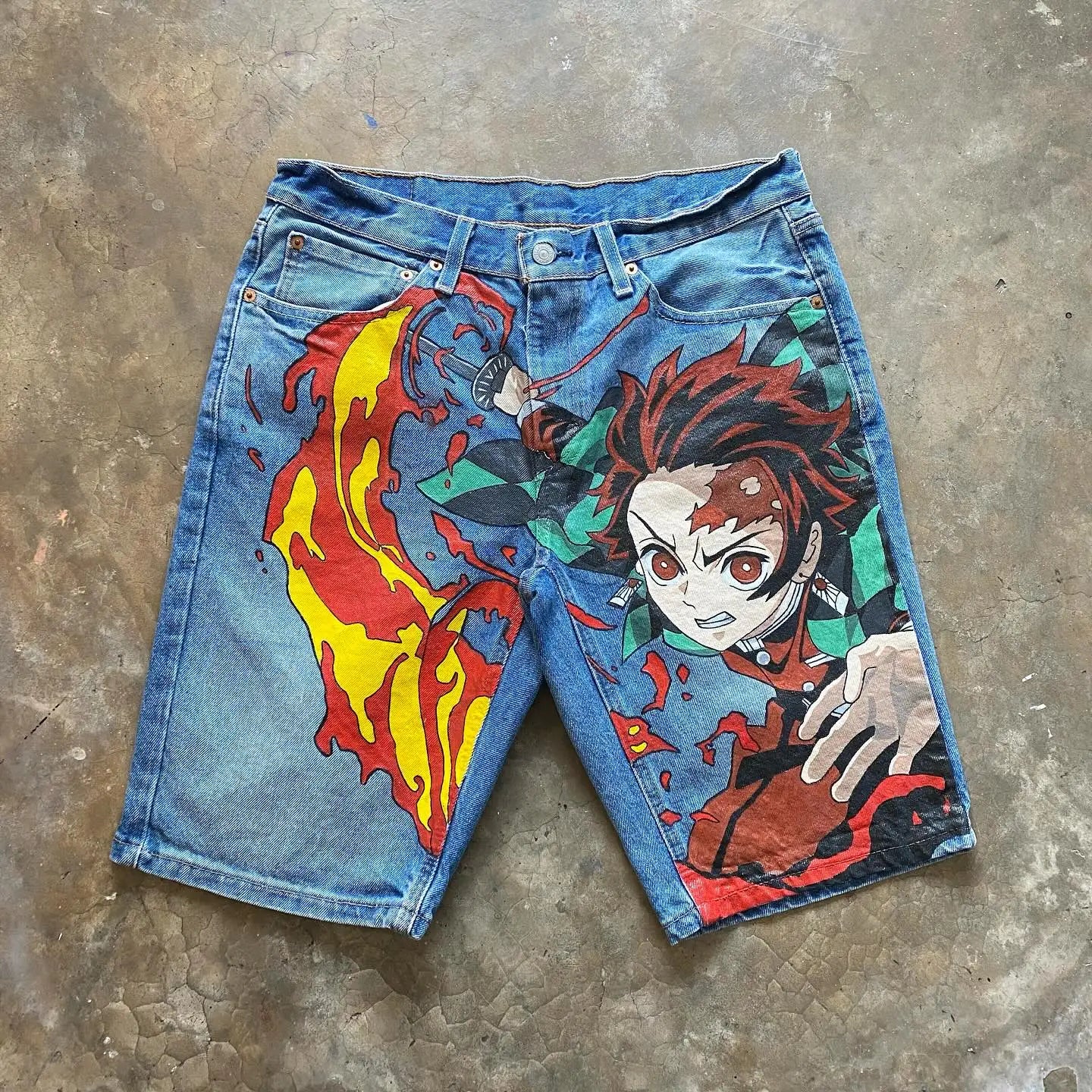 Japan Cartoon Anime Characters Graphic Print Hip Hop Denim Shorts Y2k Harajuku Retro Straight Jorts Streetwear Men Women Shorts