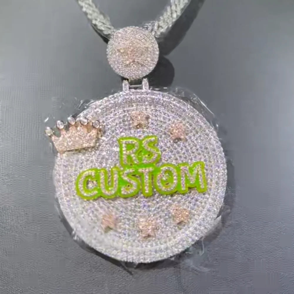 HHIOK Custom 60mm Charm Crown Star Green Night Glow Enamel Letter Moissanite Pendant Necklace 925 Sterling Silver Jewelry