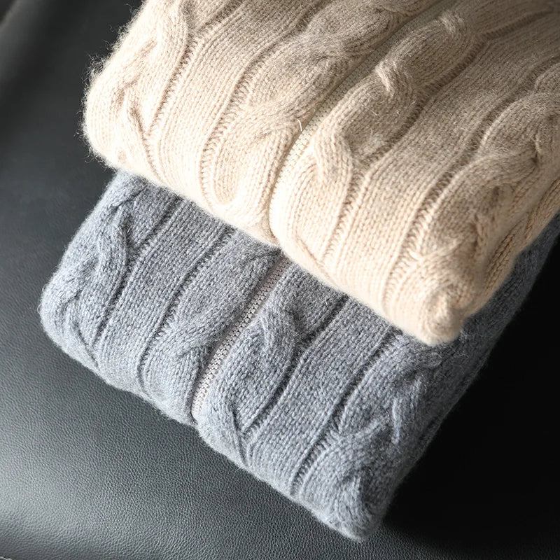 Men's 100% Pure Cashmere Knitting High Neck Cardigan Zipper Thickened Coat Fashion Old Money Style Big Fried Dough Twist Design