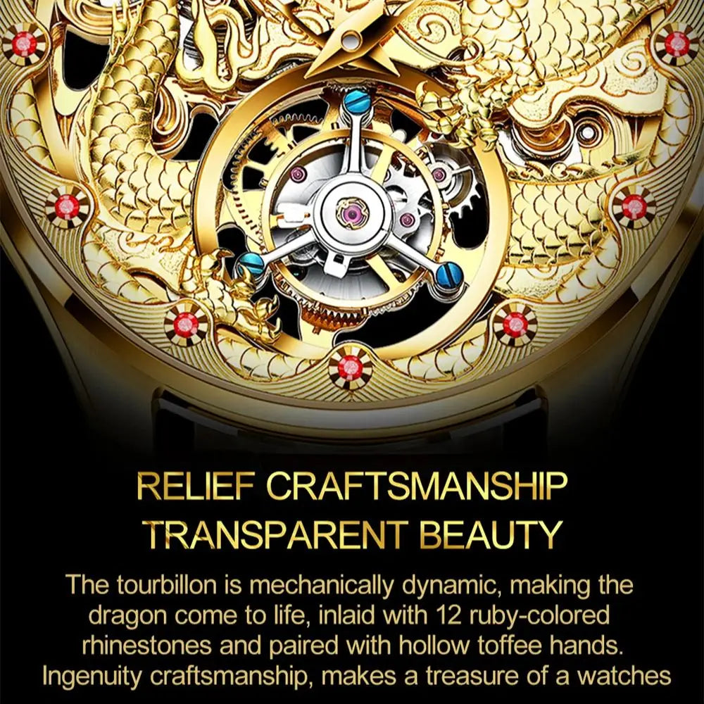 100% OUPNKE 3176 Authentic Tourbillon Men Watch Luxury 3D Relief Golden Dragon Watch Original Mature Automatic Mechanical Watch