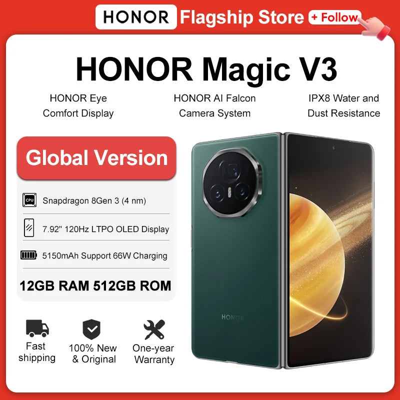 HONOR Magic V3 Global Version 5G Foldable Smartphone Snapdragon 8 Gen 3 7.92" LTPO OLED Display 5150mAh Battery 66W SuperCharge
