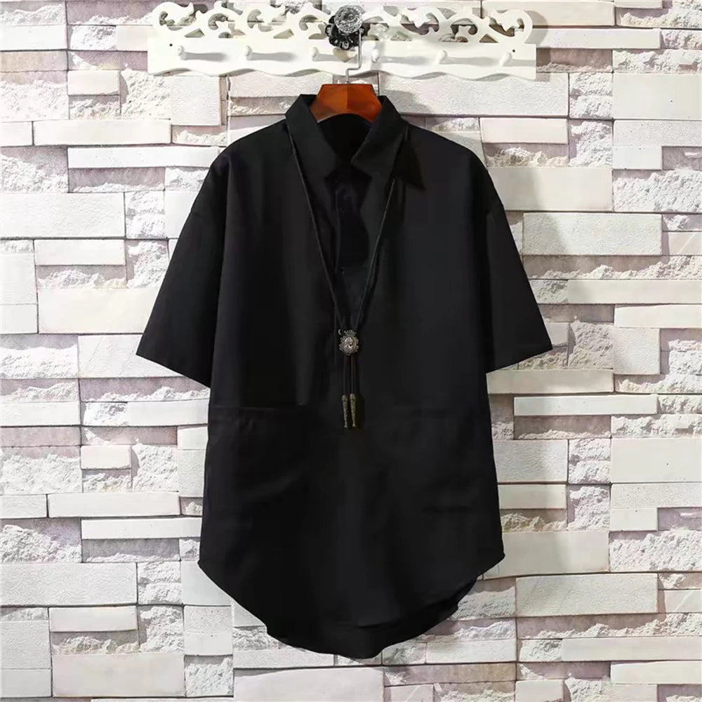 Men Dark Loose Fit Thin Mid-Length Shirt Summer Streetwear Fashion Youth Outdoor Breath Short-Sleeve Top Men'S Clothing 2026 New
