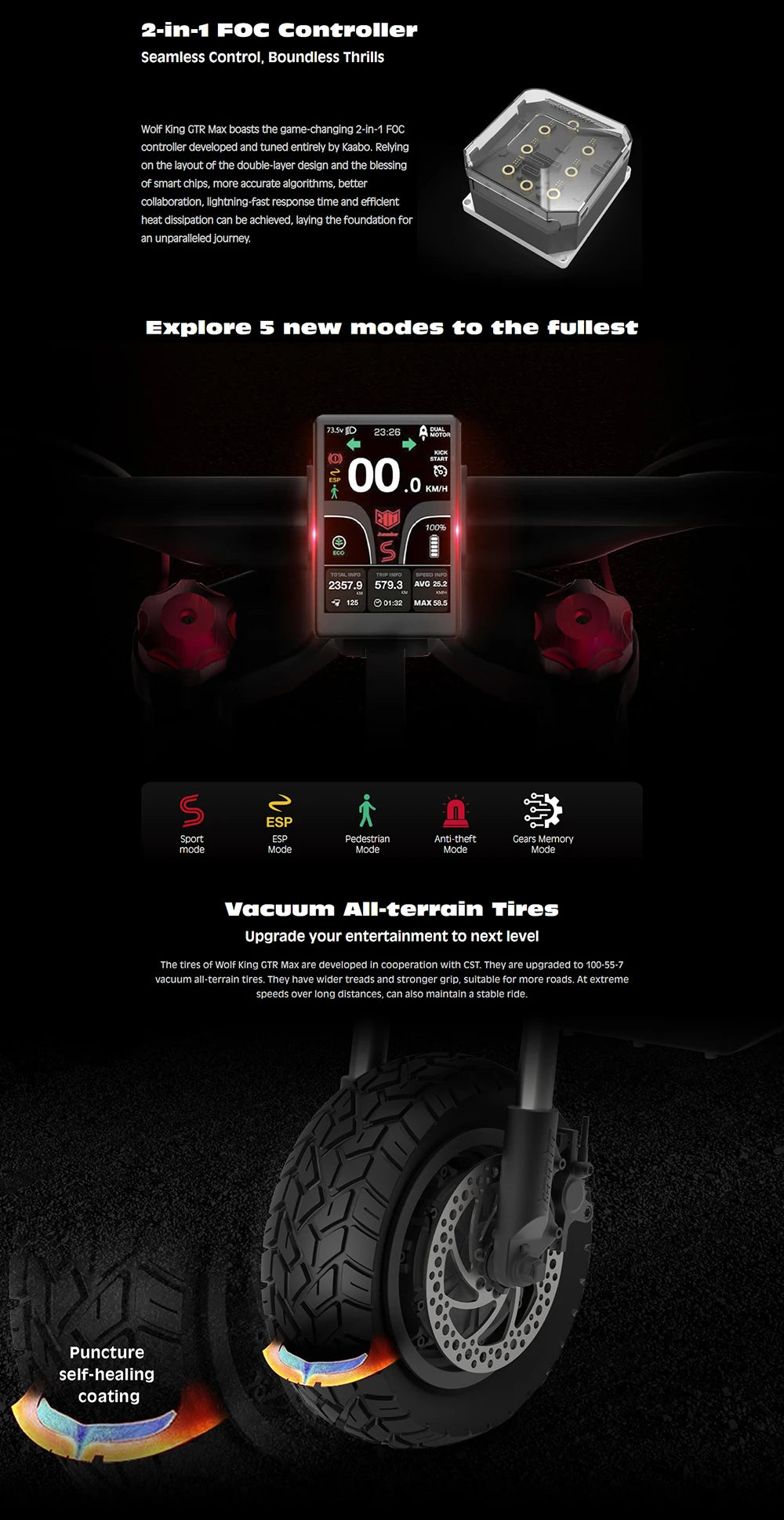 Original Newest Kaabo Wolf King GTR Max 72V 40Ah Battery 72V 100A 2-in-1 FOC Controller TFT display IPX7 Kaabo Electric Scooter