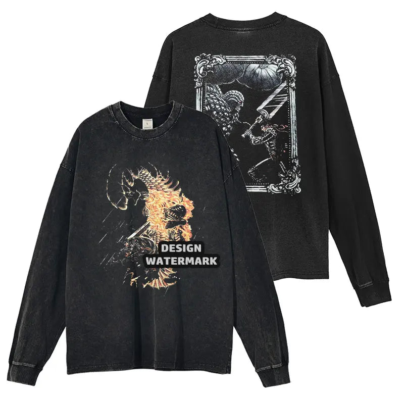 Anime Griffith Sweater Oversized Vintage Washed B -Berserk Long Sleeve T Shirt Manga Guts Pullover Zodd Sweatshirts 100% Cotton