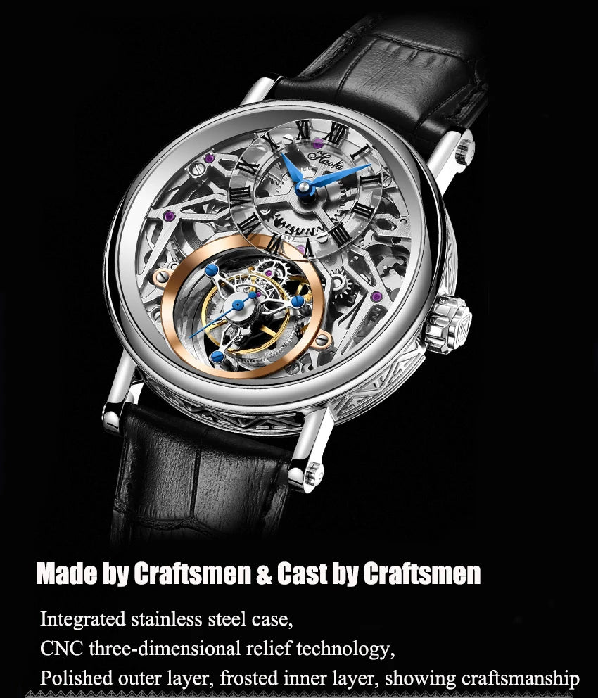 Haofa Tourbillon Watch for Men CNC Classical Texture Engraving Sapphire Manual Skeleton Movement Mechancial Watch Business 1602