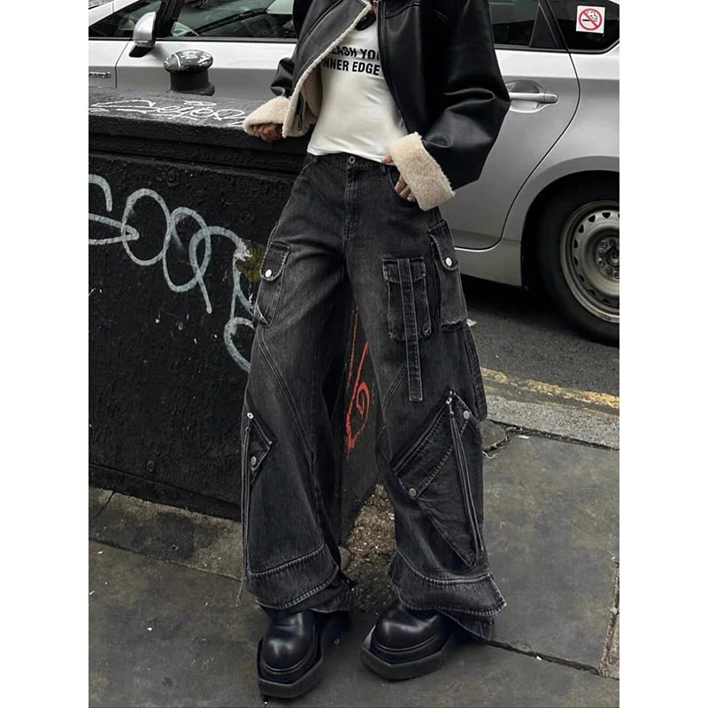 ZHIZOU Women Black Gothic Baggy Cargo Jeans Harajuku Oversize Denim Trousers Y2k 90s Vintage 2000s Emo Jean Pants Trashy Clothes