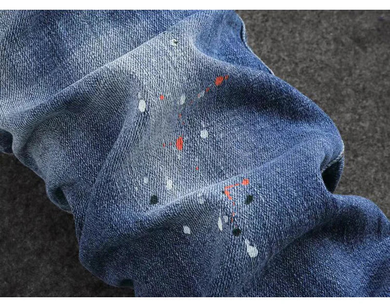 Fashionable new jeans washed with nostalgia, stretchy, slim fit, light blue, men's ripped patch jeans, high street hip-hop pants