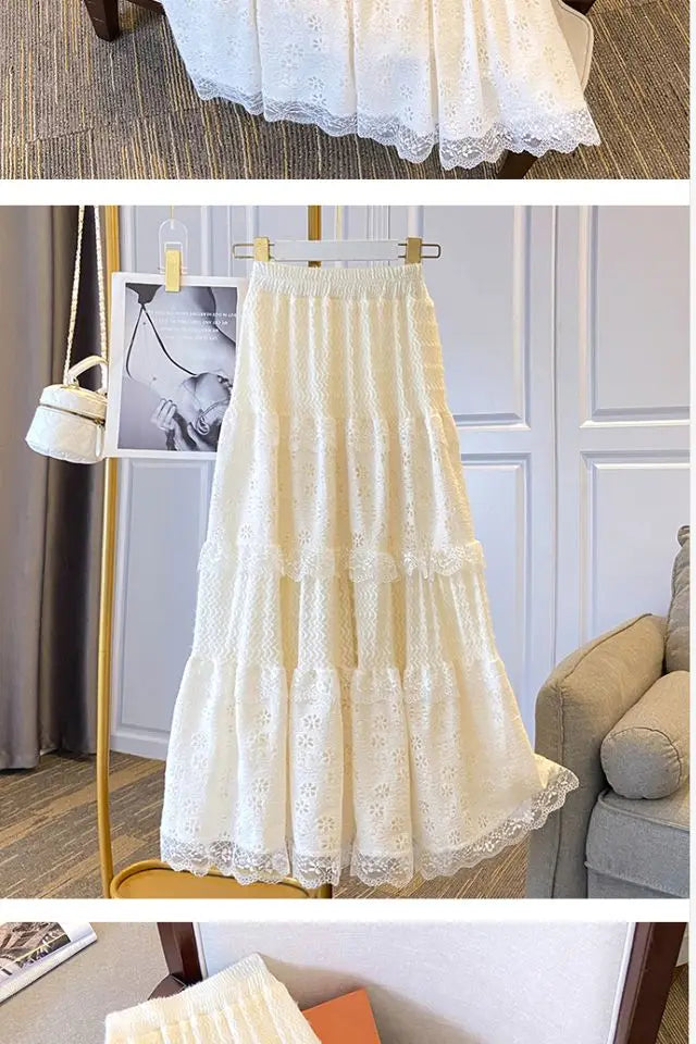 Lace Skirts Women French Style Ankle-length High Elastic Waist Hollow Out Patchwork New Loose Slim Korean  A-line Sweet Fit