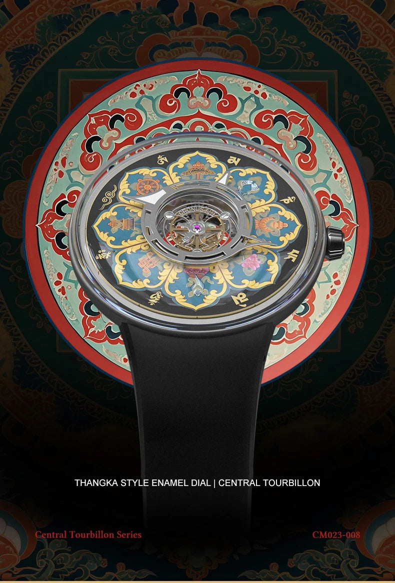 CRONUSART Men Tourbillon Watch 43mm Titanium Case Mechanical Wristwatch Luminous Tangka Enamel Dial Sapphire Mirror Skeleton