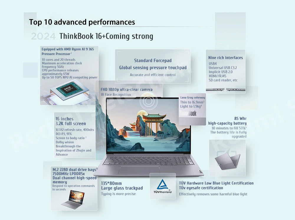 Lenovo Laptop ThinkBook 16+ 2024 AI Ryzen AI 9 365  RAM 32GB  1TB SSD AMD Radeon 880M 16-inch 3.2K LED 165Hz Screen Notebook Pc