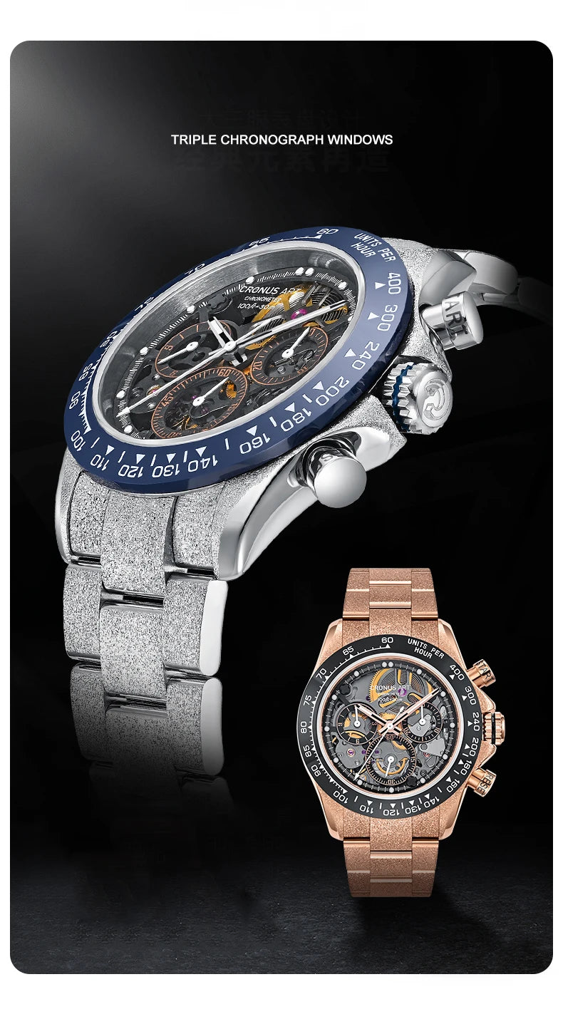 CRONUSART Men Chronograph Watch 40mm Vintage Automatic Mechanical Wristwatch Luminous Sapphire Mirror Ceramic Bezel