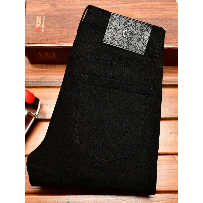 High end high street ripped patch design black jeans for men in autumn, slim fit American style trendy pants with small feet