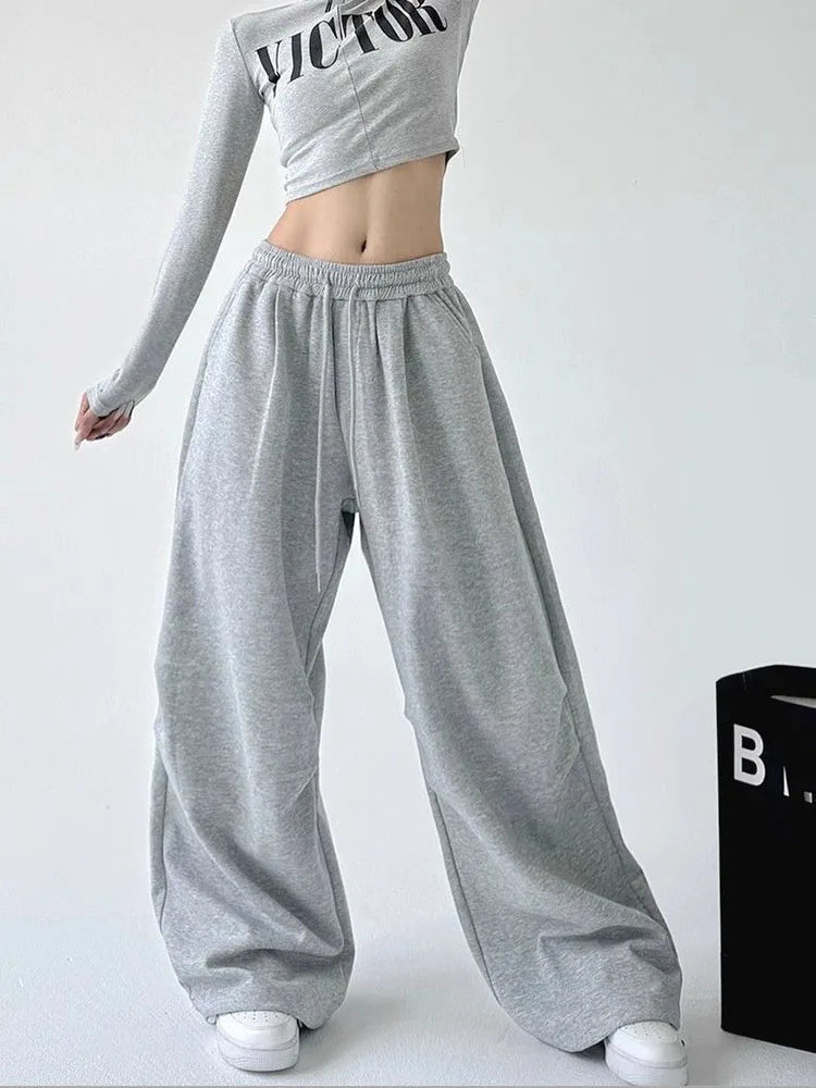 Y2K Harajuku Wide Leg Sweatpants Women Streetwear Baggy Oversize Gray Sports Pants High Waist Drawstring Casual Joggers Trousers
