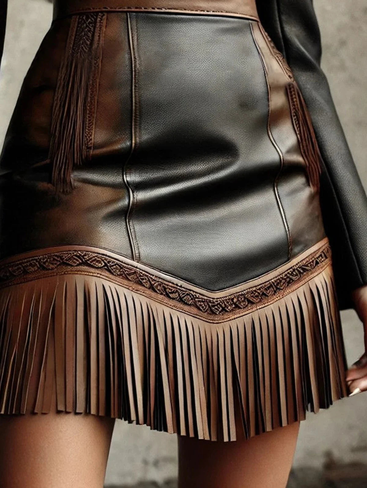 Vintage Western Fringe Hem Mini Skirt Fashion Women's Skirt  PU Leather Slim Fit High Waist Skirt Streetwear Short Skirts
