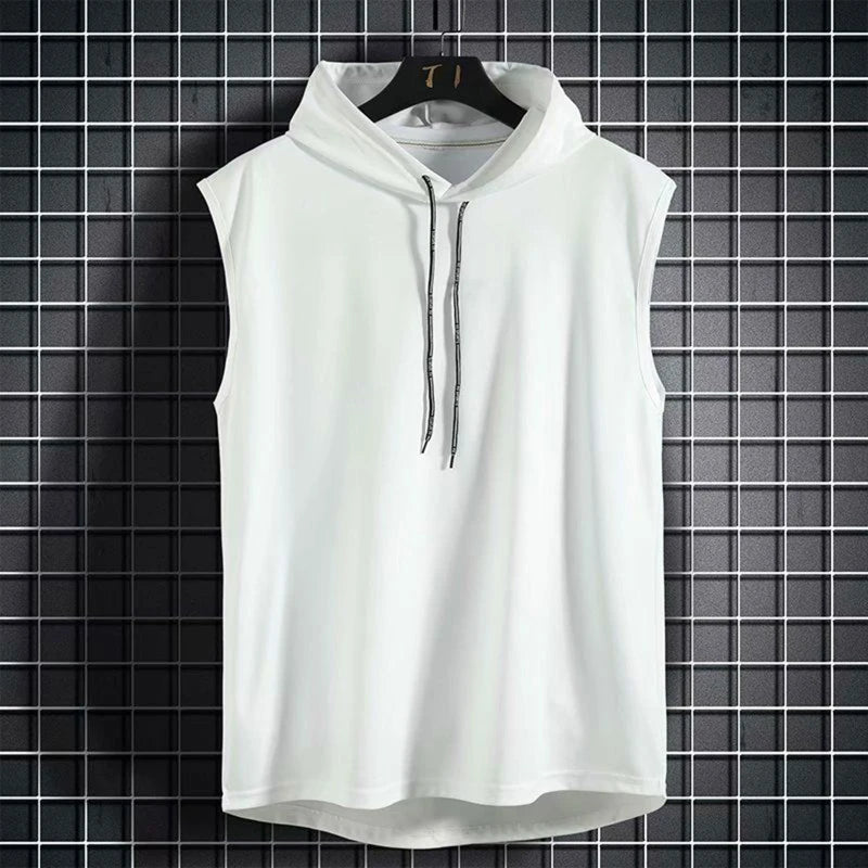 Mens Summer Sleeveless Drawstring Hooded for Tank Top Solid Color Gym Fitness Sports T-Shirt Hip Hop Loose Blouse Vest