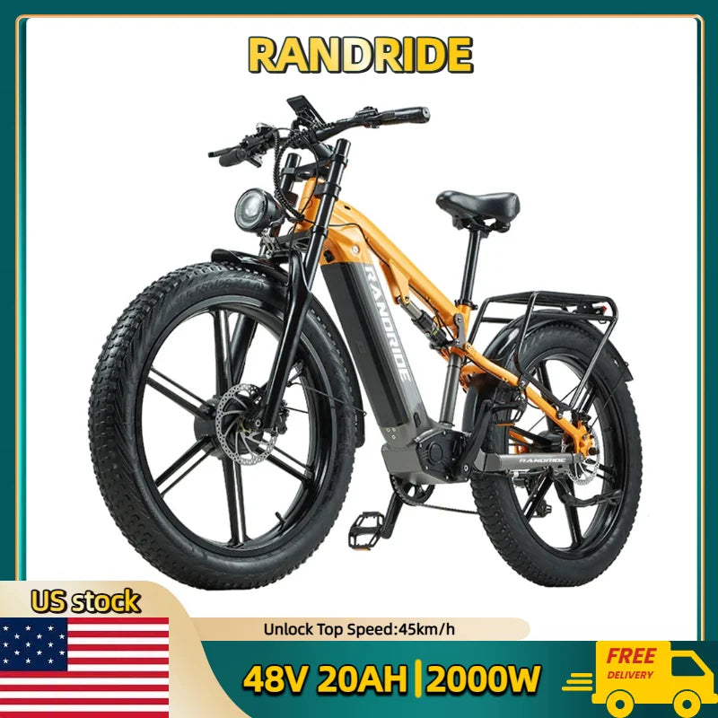 RANDRIDE YX80M-2 Electric Mountain Bike 2000W, 48V 20AH, 26-inch Fat Tire Adult E-Bike with Hydraulic Disc Brakes and 7-Speed
