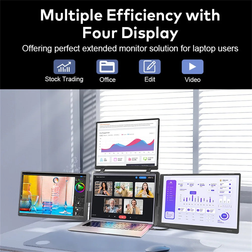 Triple Screen LCD Monitor for Laptop Portable FHD Display Secondary Notebook Monitor with Single Cable Sub Screen 14 inch