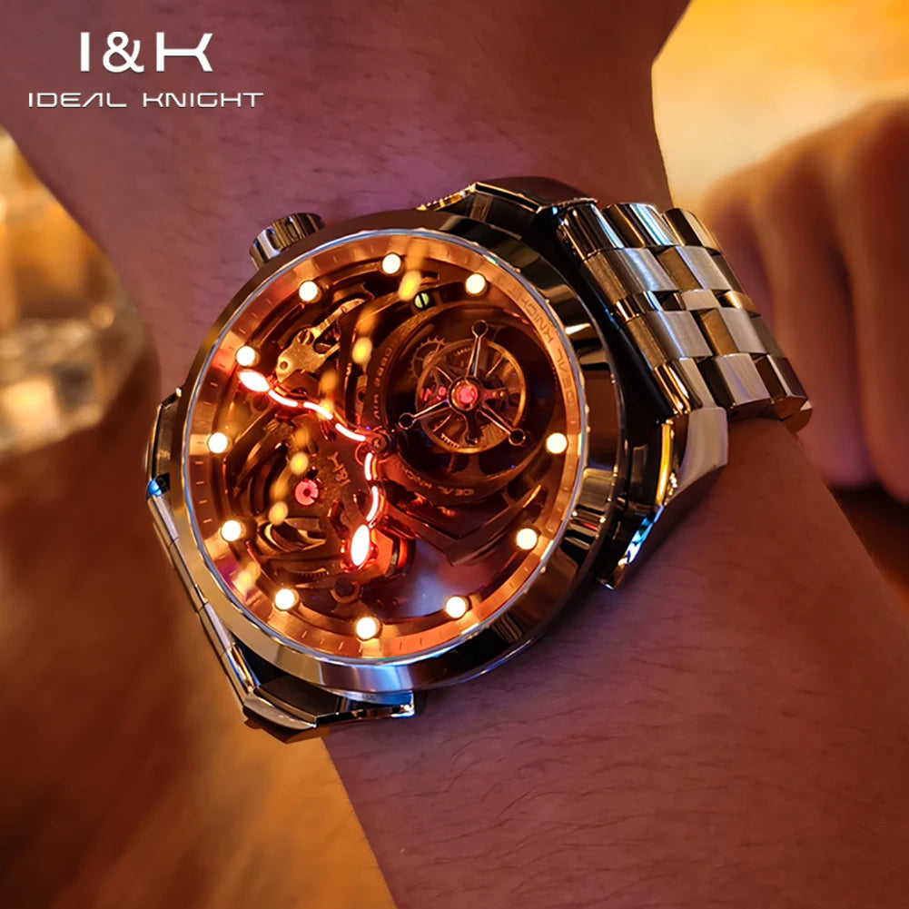 Ideal Knight Automatic Mechanical Watch for Men Hollow out Spider Design   Flywheel Movement Sapphire Mirror Men's Watches