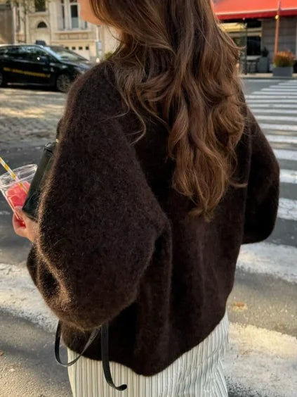 Women's Short Cardigan Autumn And Winter Round Neck Solid Color Stretch Round Neck Elegant Sweater Women Fashionable Casual Top