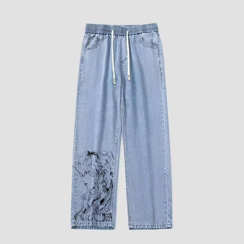 Hand-Dn Sketch ffith Pain Jeans Loose Fit Denim Pants for Teens And Students Sword Wind Legend Anime Casual Trousers