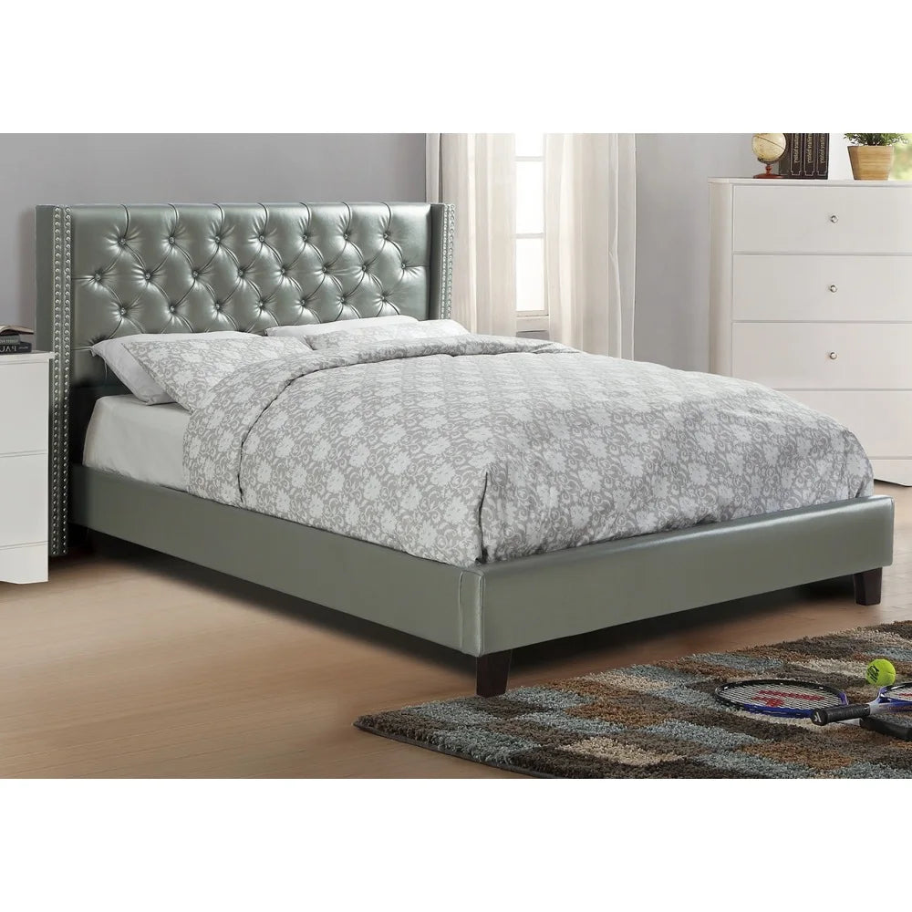 Full Size Silver Faux Leather Upholstered Tufted Bed Frame Headboard Bedroom Set