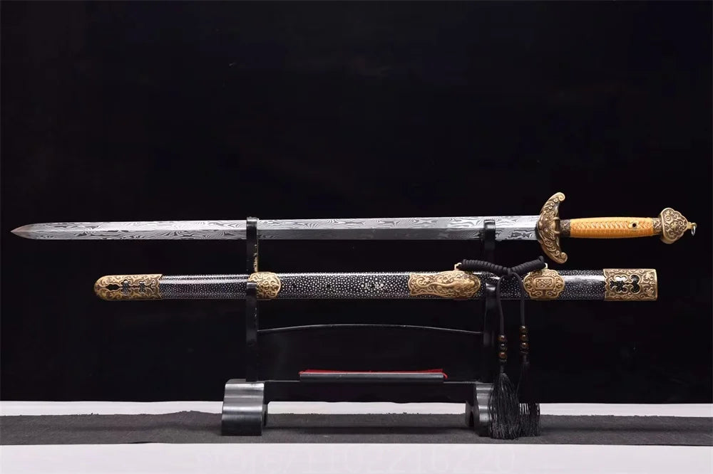 Real Kungfu Battle Sword Damascus Steel Blade Sword Chinese Qing Dynasty Jian Room Decoration Copper Parts Wrap Rayskin Sheath