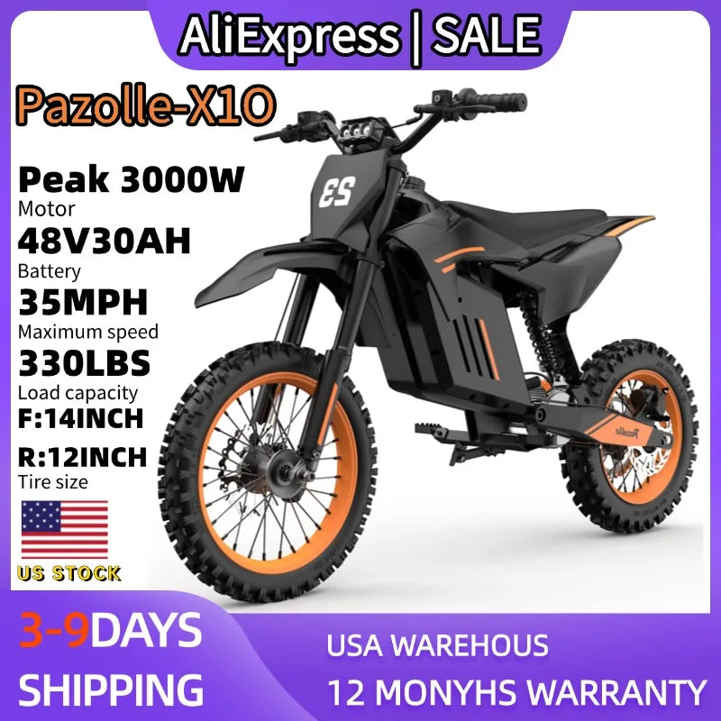 Pazolle Electric Motorcycle 3000W 48V30AH Hydraulic Brakes Electric Dirt Bike for Adults All-Terrain Tires E-Bike 1Year Warranty