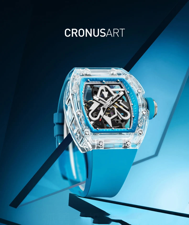 CRONUSART Men Automatic Watch 50mm Tonneau Mechanical Wristwatch Sapphire Case & Mirror Luminous Fluororubber Strap Skeleton