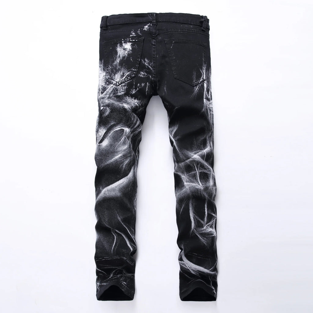 2026 Men's Blue 3D Printing Jeans, Black Wolf Pattern Printed Punk Straight Cotton Casual Print Denim Pants Asian Size 28-42