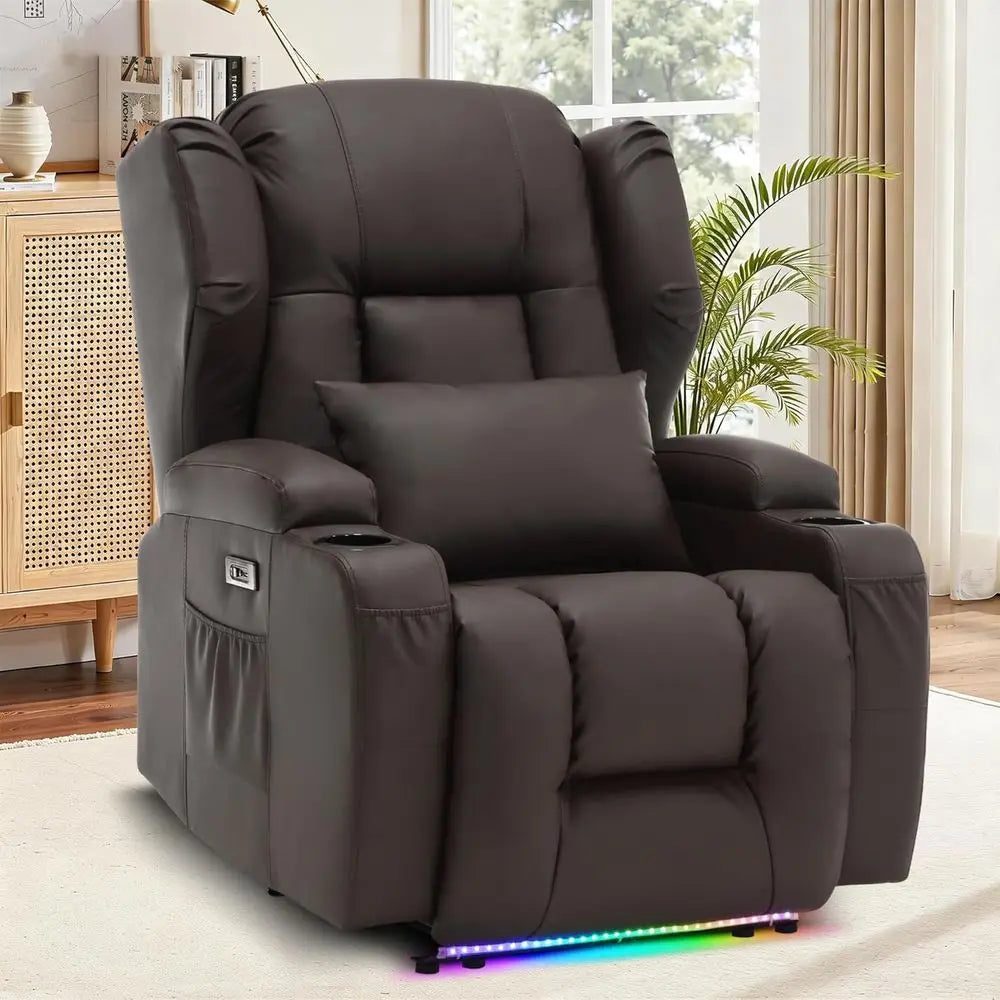 Brown Leather Power Reclining Sofa with Massage, Heat, LED Lights, USB Ports, Cup Holders & Side Pockets
